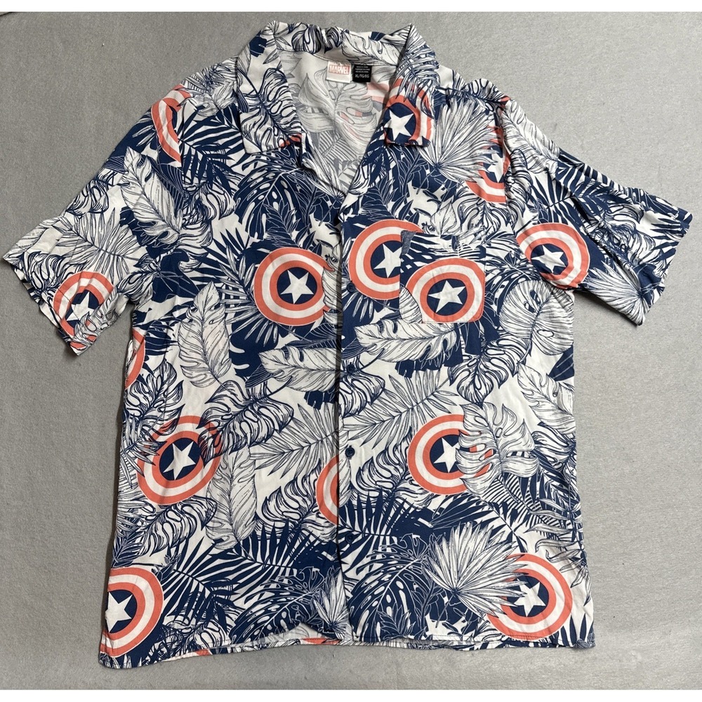 Marvel Captain America Hawaiian Shirt Men XL Blue Floral Avengers Superhero